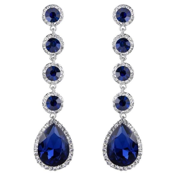 Silver with Sapphire Blue Diamond Austrian Crystal Teardrop Chandelier Earrings - Picture 1 of 6